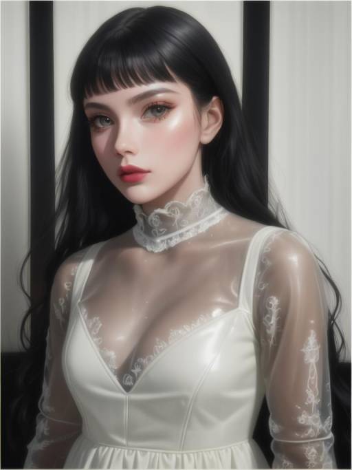 Portrait of Woman in White Dress with Black Hair