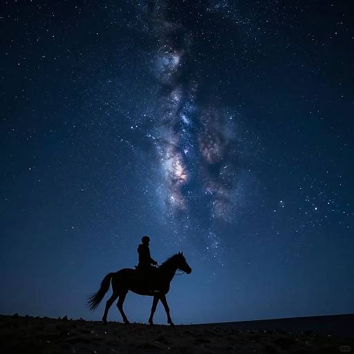 Silhouetted rider on horse against a stunning night sky filled with the Milky Way galaxy, stars, and a bright moon. Photographic image.