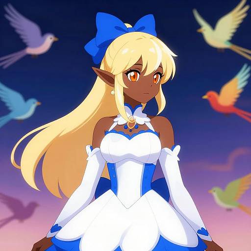 Digital anime-style drawing of a dark-skinned, blonde-haired elf girl with large blue bow, white and blue dress, surrounded by colorful birds against a