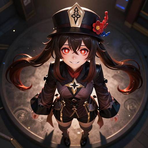 Digital anime-style illustration of a cute young girl with long black hair, red eyes, and black military-inspired outfit, wearing a decorative hat with red and