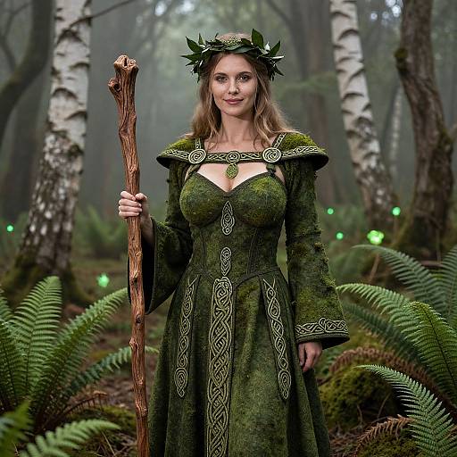 Photograph of a fair-skinned woman with long brown hair, wearing a green, moss-covered, Celtic-inspired dress and leaf crown, holding a wooden