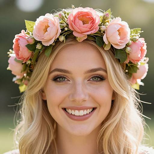 Photograph of a smiling blonde woman with light green eyes, wearing a pink flower crown, set against a bright, sunlit, blurred green background.