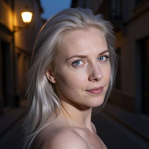 Photograph of a fair-skinned, blonde woman with blue eyes, smiling subtly, set against a dimly lit, narrow street with a glowing street