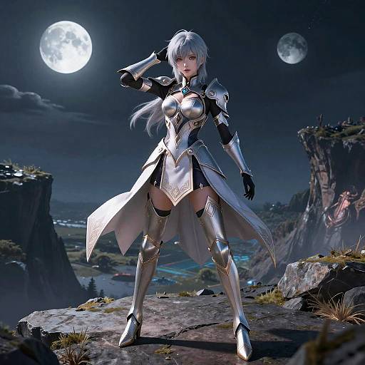CGI image of a silver-haired, armored, female warrior with large breasts, standing confidently under a moonlit night sky, overlooking a mystical, rocky