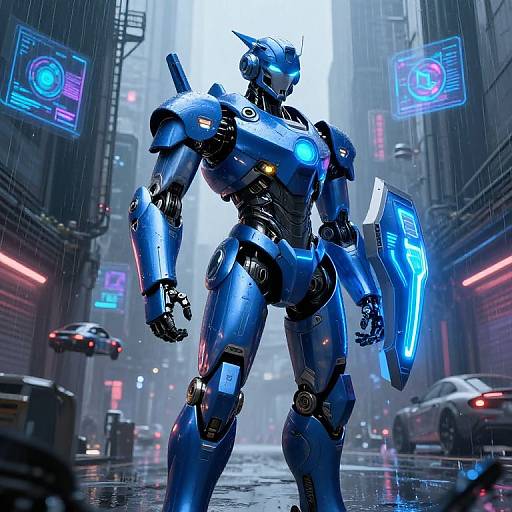 CGI image of a blue, futuristic, cybernetic warrior standing in a rainy, neon-lit city street, holding a glowing blue shield.
