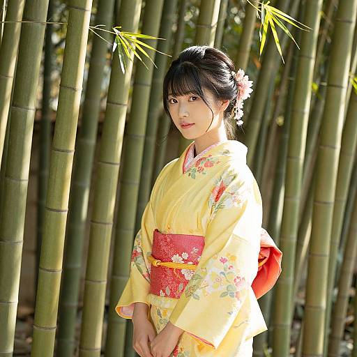 Young Woman in Yellow Kimono in Bamboo