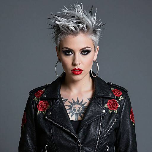 Photograph of a punk-styled woman with silver spiky hair, red lipstick, black leather jacket with red roses, large hoop earrings, and a