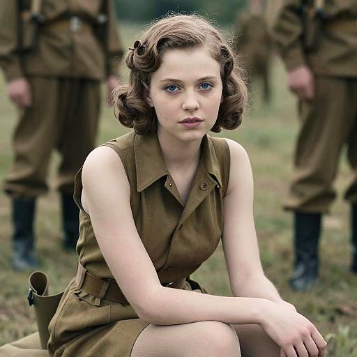 Photograph of a fair-skinned, blue-eyed woman with wavy brown hair, wearing a brown WWII-era military dress, kneeling in a grassy
