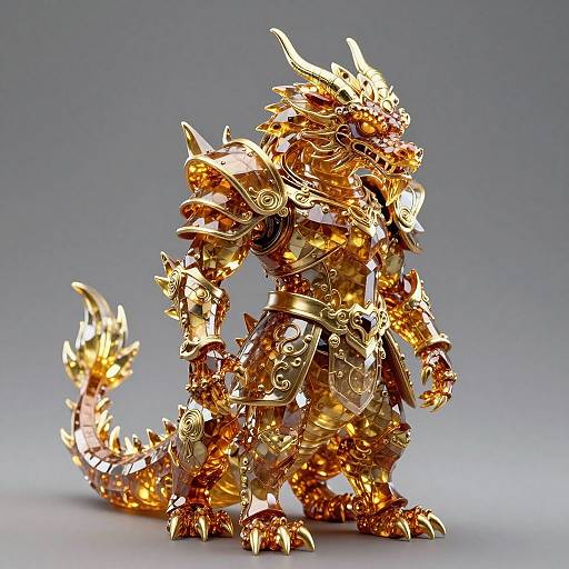 Photograph of a gold, intricately detailed, dragon-like armored creature with sharp horns, scales, and a long tail, standing against a gray gradient