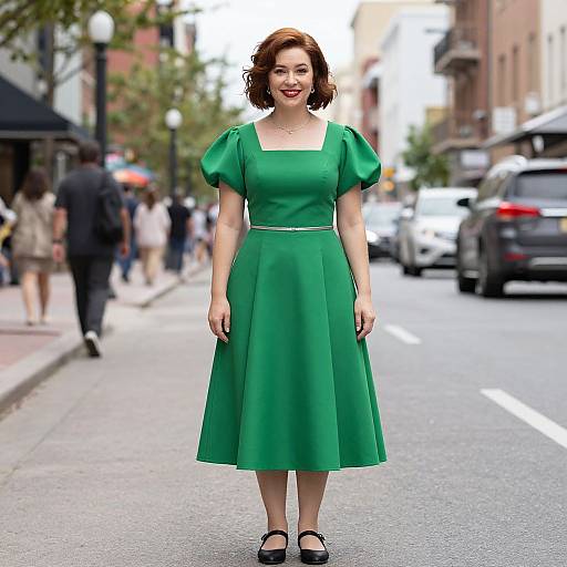 Photograph of a smiling woman with short brown hair, wearing a green, short-sleeved, square-neck, knee-length dress, standing on a
