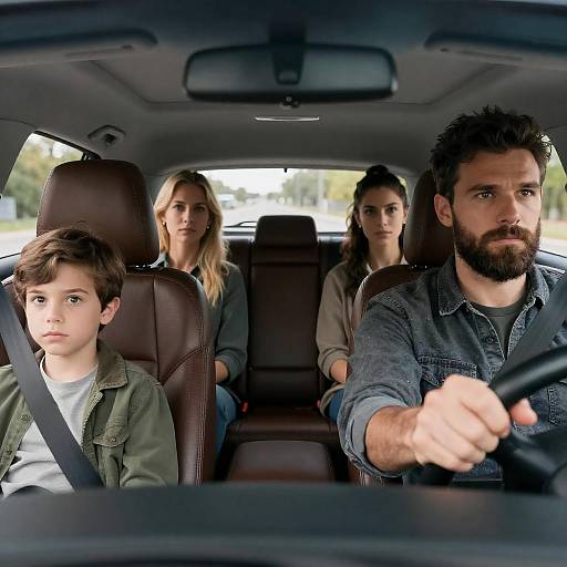 Family Driving in Car with Intense Expressions
