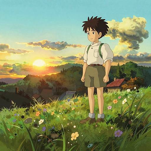 Anime-style drawing of a young boy with spiky black hair, wearing a white shirt and green shorts, standing in a grassy field with colorful flowers