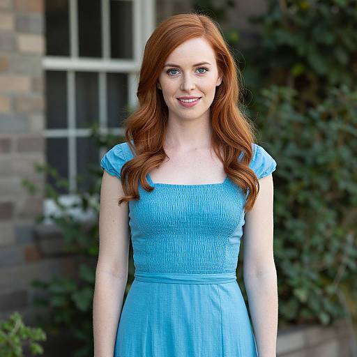 Photograph of a fair-skinned woman with long red hair, wearing a blue, short-sleeved, textured dress, smiling against a brick wall