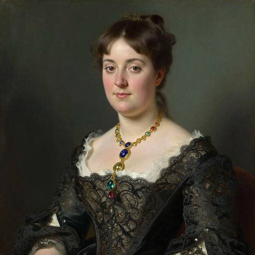 Photorealistic painting of a fair-skinned, dark-haired woman in a black lace dress, adorned with a gold necklace featuring blue and green gems,