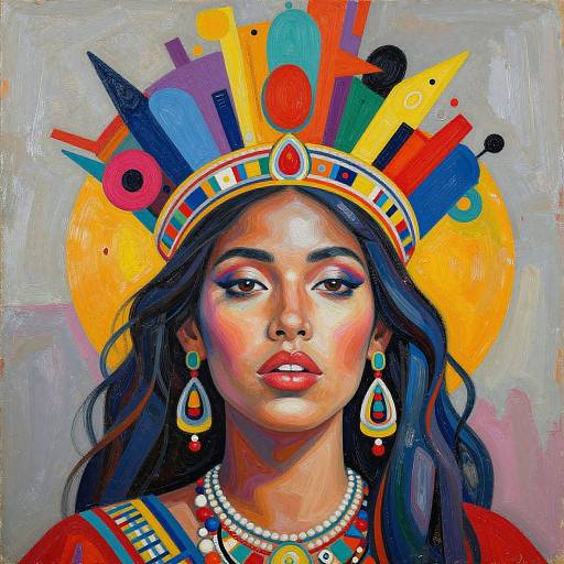 Vibrant digital painting of a dark-skinned woman with long black hair, colorful headdress, teardrop earrings, and beaded necklace,