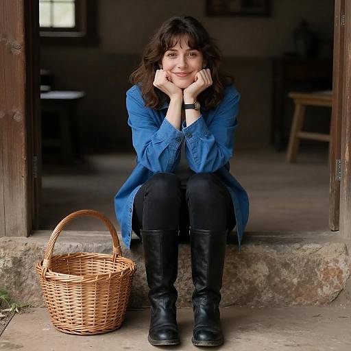 Smiling Woman Sitting on Stone Steps with Wicker Basket