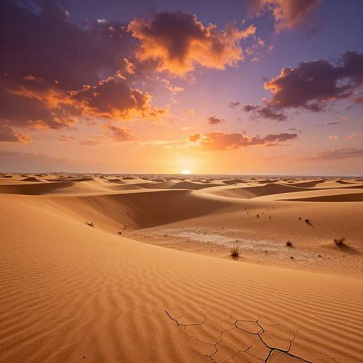 Photograph of a vibrant desert sunset with orange and purple clouds, golden sunlight, rippled sand dunes, sparse vegetation, and cracked earth.