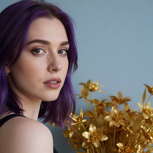 Photograph of a fair-skinned woman with purple hair, wearing black, looking to the side against a blue background with golden flowers.
