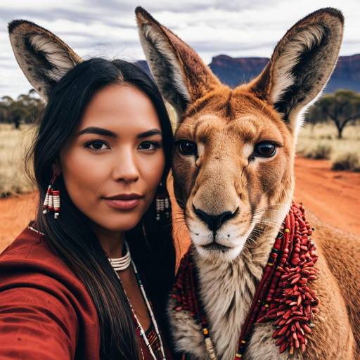 Indigenous Woman Selfie with Red Kangaroo in Australian Outback