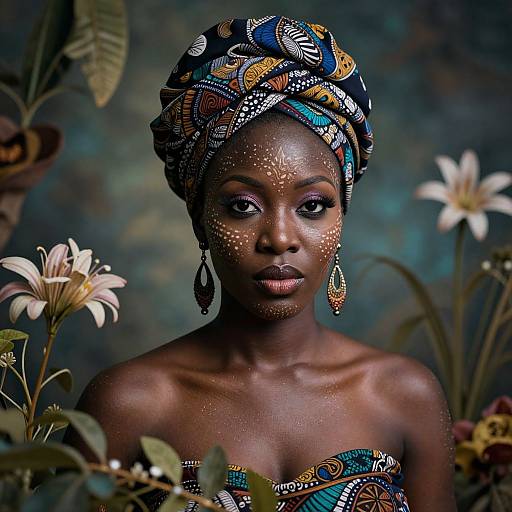 Photograph of a dark-skinned African woman with intricate beaded headwrap, white face paint dots, ornate earrings, and colorful strapless dress