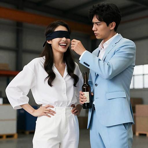 Man adjusting blindfold on smiling woman in warehouse