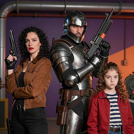 Three People in Industrial Setting with Weapons