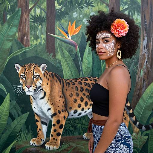Digital art: Afro-Caribbean woman with white face paint, orange flower in afro, black top, patterned pants, stands beside spotted jag