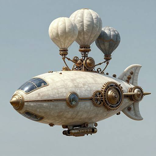 Steampunk airship with brass gears, three white and one grey balloon, and a fish-shaped hull, flying against a clear blue sky.