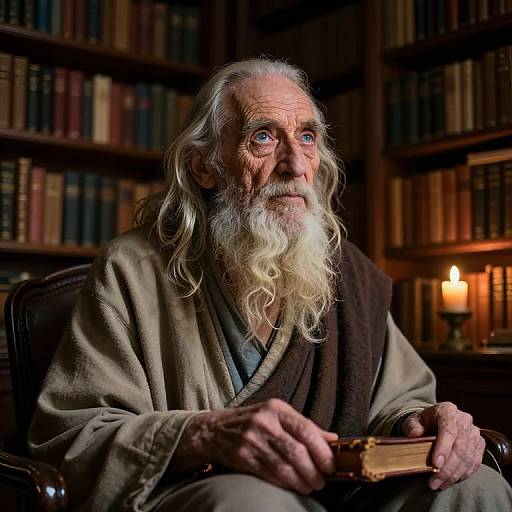 Photograph of an elderly white man with long white hair and beard, wearing a beige robe, sitting in a dimly lit library with bookshelves