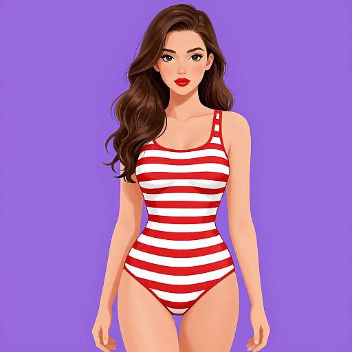 Digital illustration of a fair-skinned woman with long brown hair, red lipstick, and a red-and-white striped one-piece swimsuit, standing against a