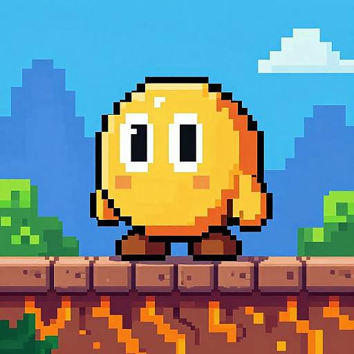 Pixel art of a yellow, round, black-eyed character standing on a brick ledge with orange lava below, set against a blue sky with green hills and