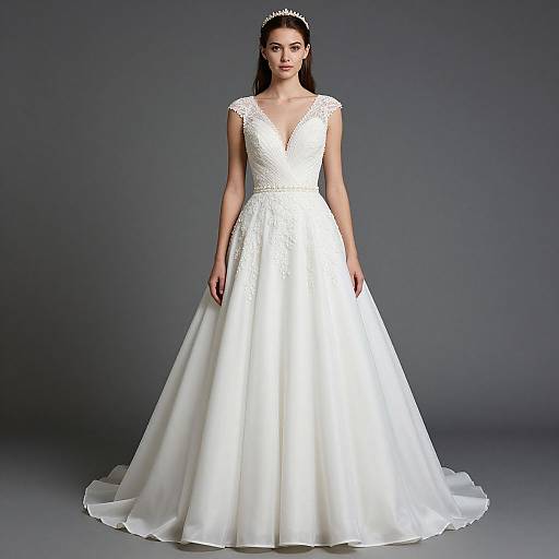 Photograph of a young woman with fair skin and straight black hair, wearing a white, sleeveless, lace-trimmed wedding dress with a deep