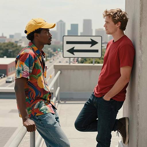 Urban Rooftop Duo with Intense Expressions