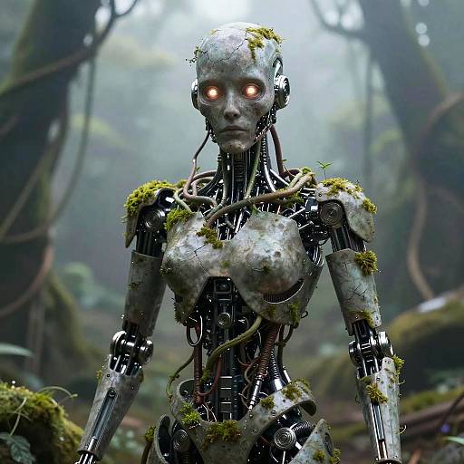 Photorealistic CGI of a glowing-eyed, moss-covered, robotic humanoid standing in a misty, forested environment with twisted, vine-covered trees.