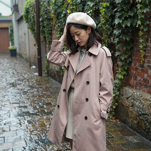 Serene East Asian Woman in Rainy Alley
