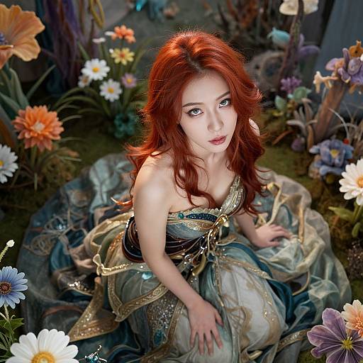 Digital artwork of a fair-skinned woman with red hair, wearing an ornate, strapless, green and gold dress, kneeling amidst vibrant flowers in