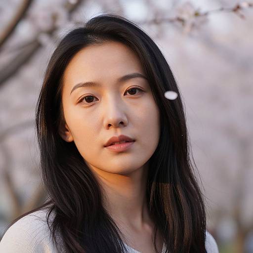 Photograph of an East Asian woman with long black hair, light skin, and brown eyes, wearing a white top, against a blurred floral background.
