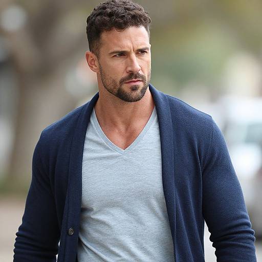 Photograph of a muscular, bearded man with short, curly dark hair, wearing a navy cardigan over a white V-neck tee, looking serious