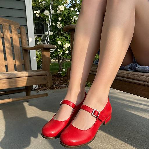 Photograph of a woman's legs in bright red Mary Jane heels, sitting on a wooden bench, with white flowers and greenery in the background.