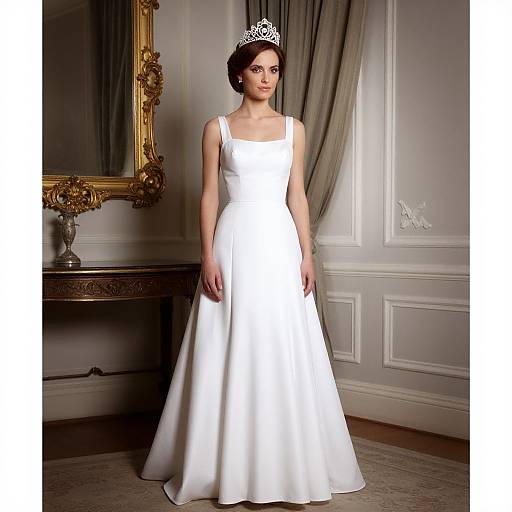 Photograph of a slender woman in a white, sleeveless, floor-length wedding gown, wearing a silver tiara, standing in an elegant room with