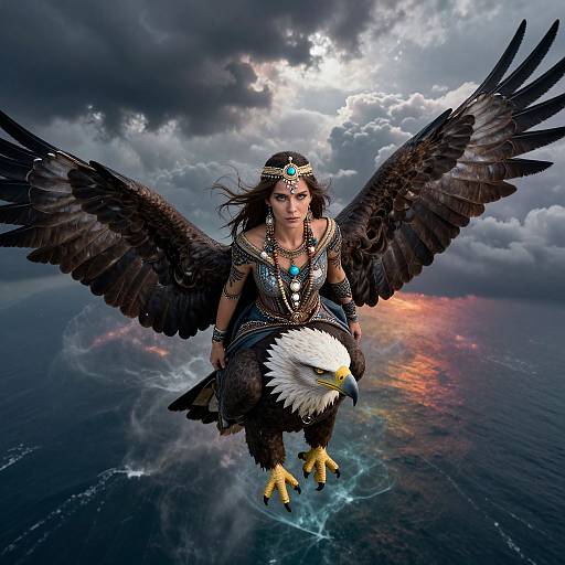 Digital artwork of a fierce woman with dark wings, wearing jewelry, riding a bald eagle, soaring above a stormy ocean.