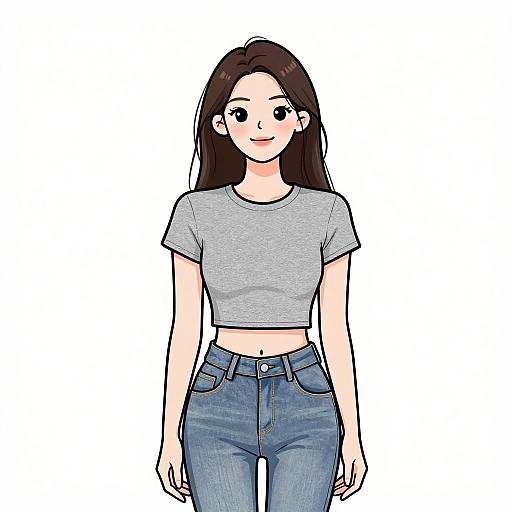 Digital anime-style drawing of a smiling young woman with long brown hair, wearing a gray crop top and blue jeans, standing against a plain white background.