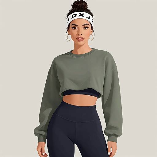Digital illustration of a woman with dark hair in a top bun, wearing a green crop sweatshirt, black high-waisted leggings, and a white