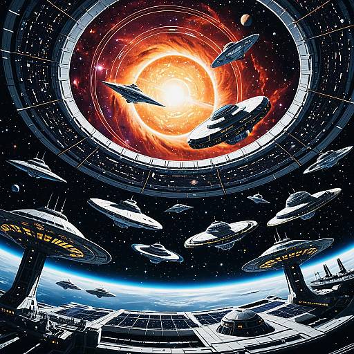 Futuristic Space Station and Spaceships in Cosmic Nebula