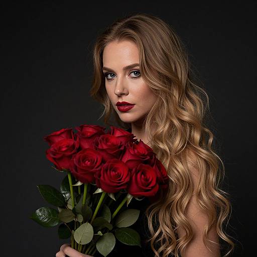 Photograph of a fair-skinned woman with long, wavy blonde hair, red lipstick, holding a bouquet of vibrant red roses against a black background