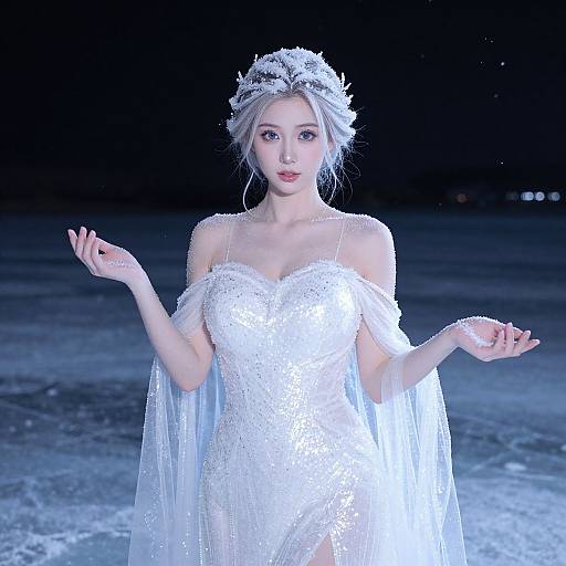 Photograph of a fair-skinned, blonde woman with a floral crown, wearing a white, lace, off-shoulder dress, standing on a