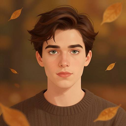 Digital portrait of a young man with fair skin, green eyes, dark brown wavy hair, wearing a dark brown sweater, surrounded by falling autumn leaves