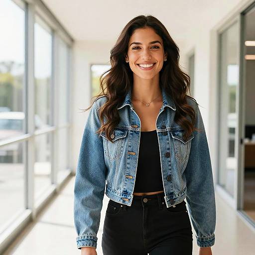 Photograph of a smiling woman with long, wavy brown hair, wearing a blue denim jacket over a black top and high-waisted black pants