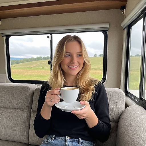 Photograph of a smiling blonde woman with wavy hair, wearing a black long-sleeve top and blue jeans, holding a white cup and sa