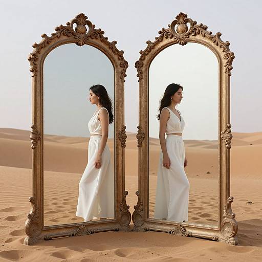 Photograph of a woman in a white, sleeveless, flowing dress standing in a desert, reflected in two ornate, gold-framed mirrors.